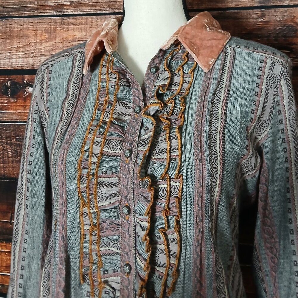 Soft Surroundings Bohemian Tunic Top S Contrast Roll Tab Cuffs